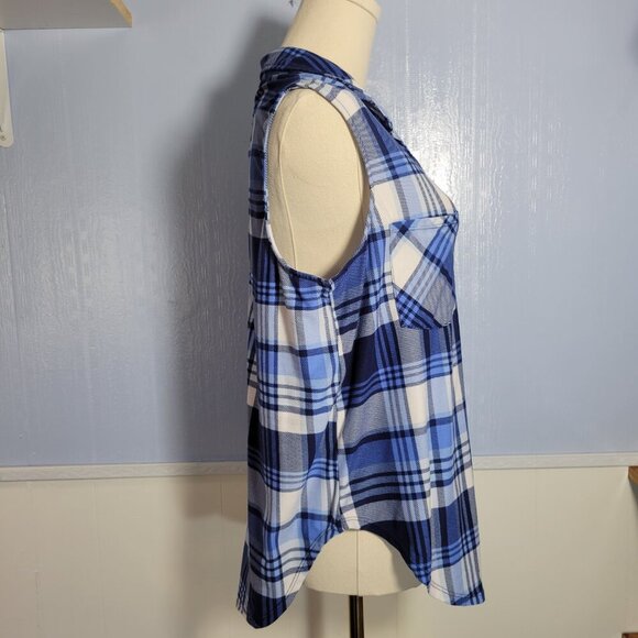 Unbranded Medium Blue White Plaid Collared Sleeveless Button Front Tank Top - Picture 4 of 8